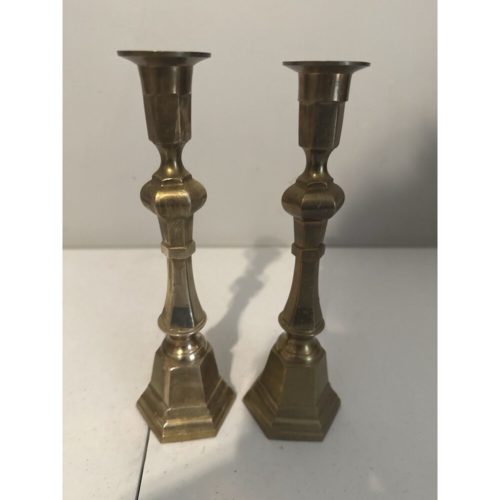 Vintage Pair Faceted Brass Candlesticks Patina
